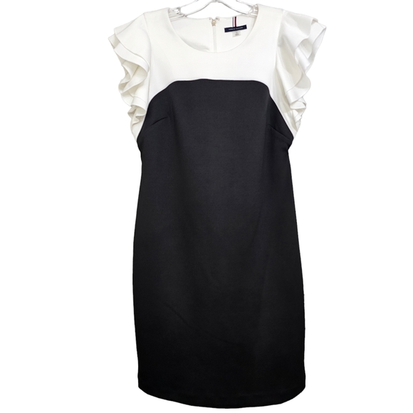 Tommy Hilfiger Nwot White/Black Colorblock Flutter Cap Sleeve Scuba Sheath Dress - Picture 3 of 16